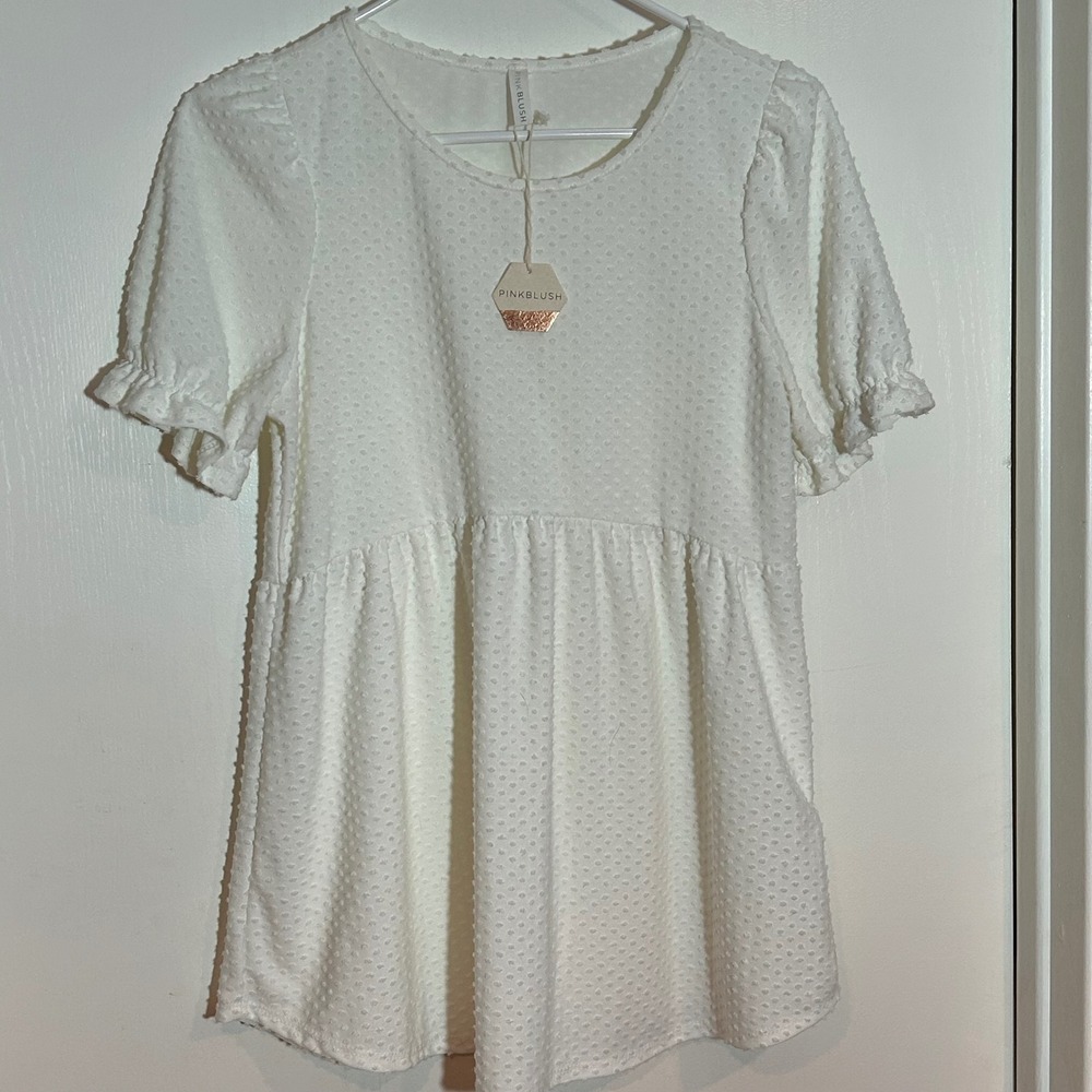 NWT PinkBlush White Swiss Dot Babydoll Top Short Puff Sleeve Ruffle‎ Small